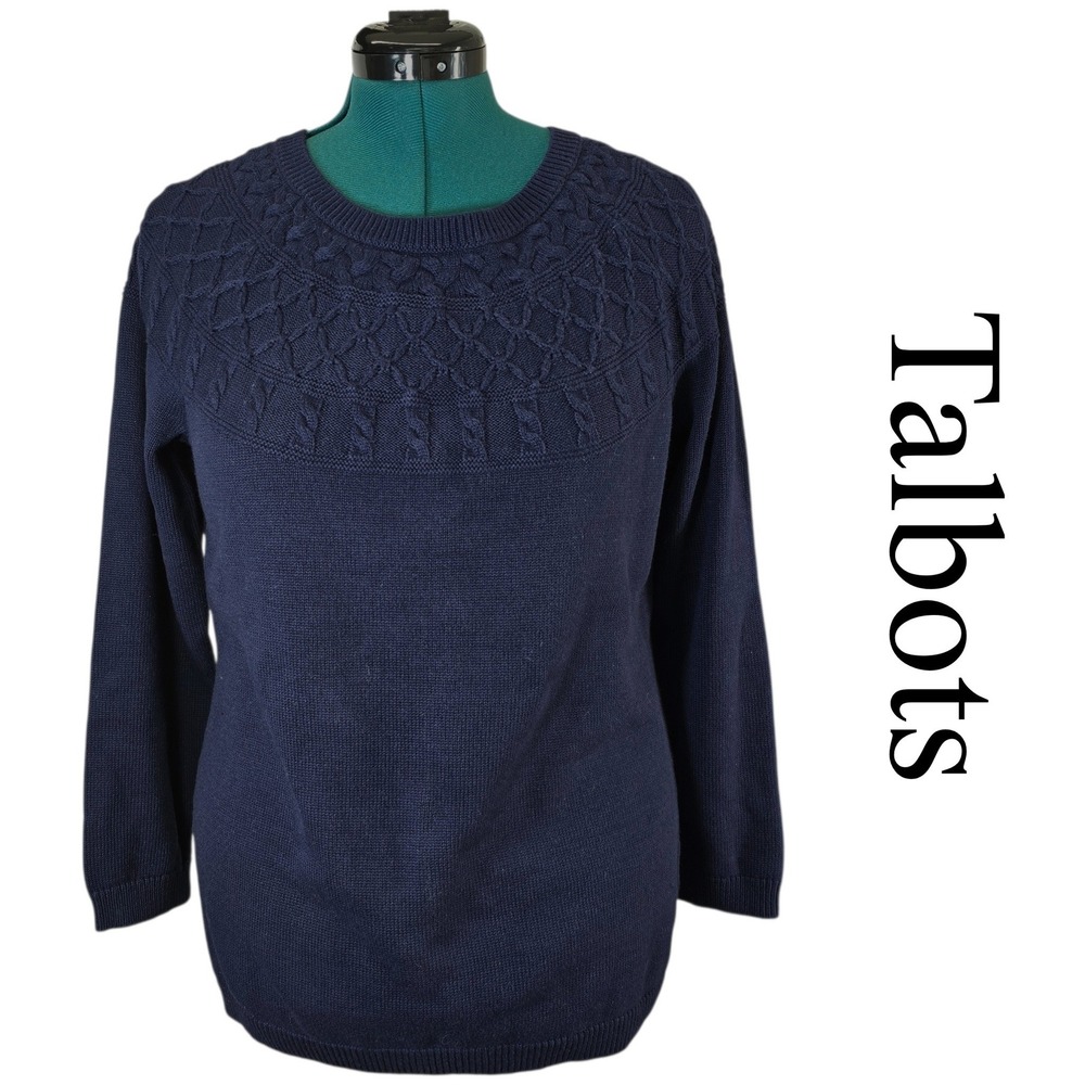 Talbots Sweater Women X Navy Blue‎ Cotton Cable Knit Yoke Pullover Classic Plus